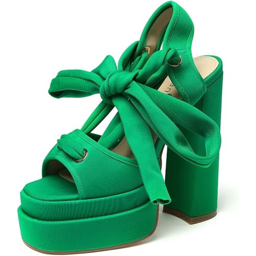 NWT Lace Up Platform Ankle Strap Heeled Sandals Satin Square Chunky Block Heel - Picture 6 of 6